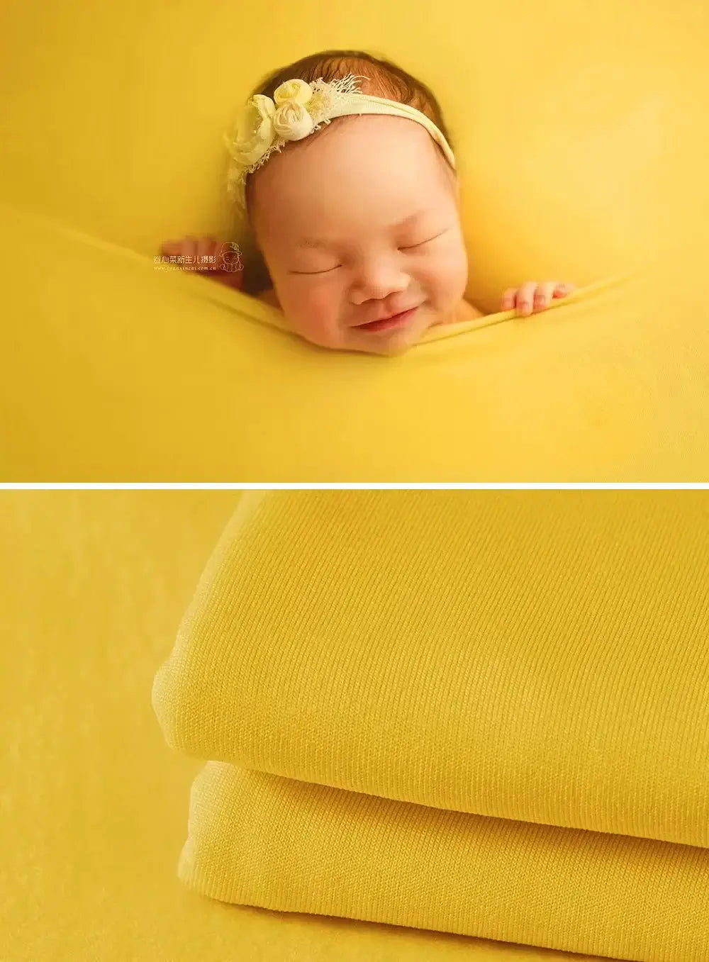 Happy newborn wrapped in a soft yellow blanket with floral headband, perfect for photography sessions.