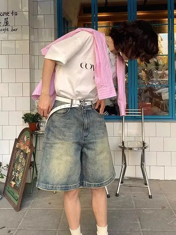 GrungeKnee™ – Vintage Y2K Knee-Length Shorts (High Waist, Emo Streetwear)