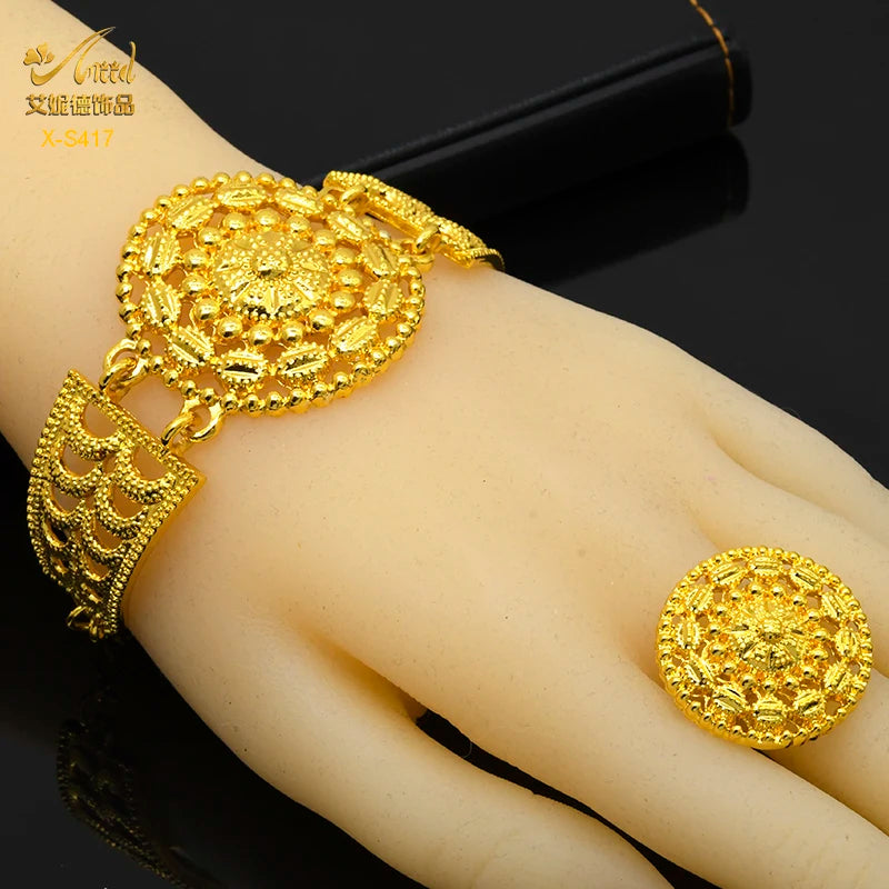 Luxury 24K gold plated Indian jewelry bracelet and ring set for women, perfect for weddings and special occasions.