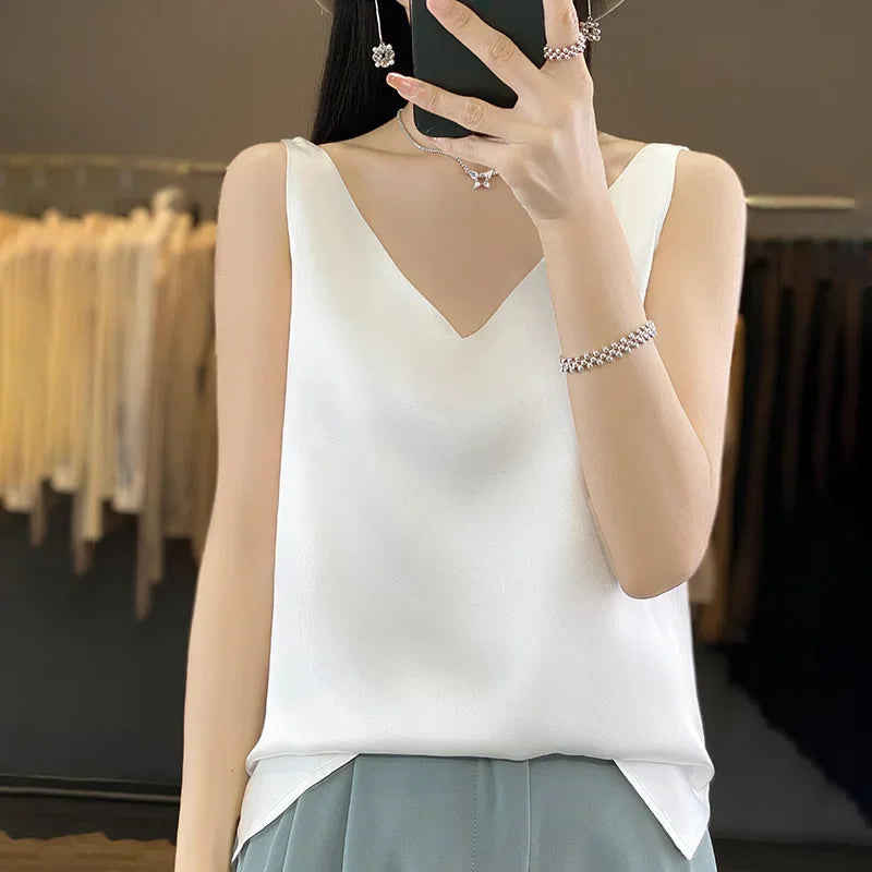 Ice Silk Satin V‑Neck Camisole Crop Top