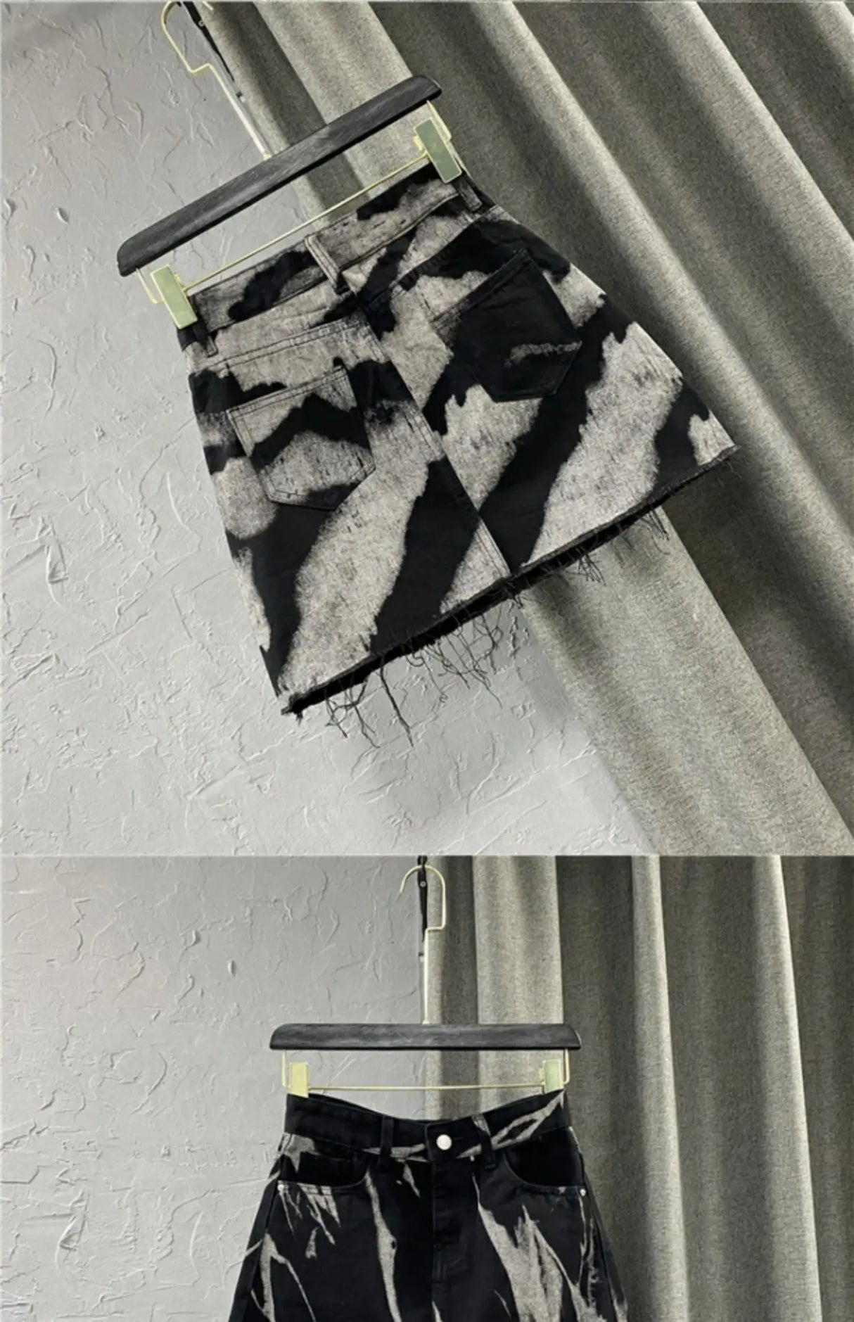 DyeDrape™ – Tie-Dye Short Denim Skirt (Black Gray, Fringed A-Line)