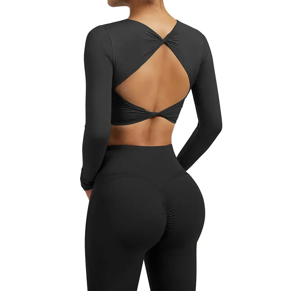 بلوزة يوغا نسائية مفتوحة الظهر بأكمام طويلة