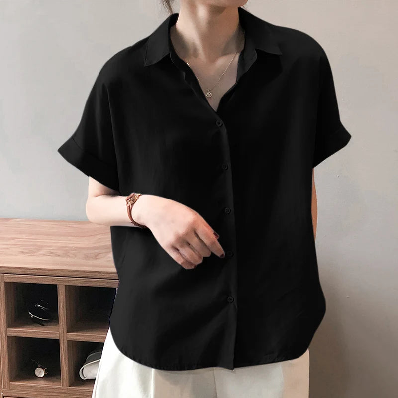 ZanzeaEase™ oversized summer blouse in black, breathable fabric, button-down style for a relaxed fit.