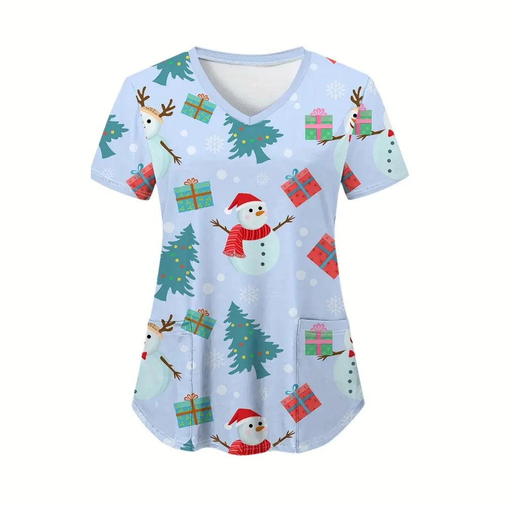 Christmas cartoon nurse scrubs featuring snowmen, Christmas trees, and gift boxes in a playful design.
