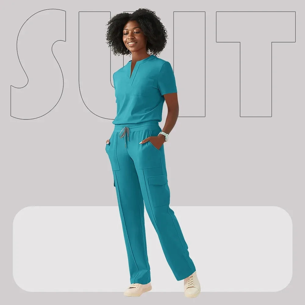Women’s hospital scrub suit in teal color, ideal for healthcare workers and pet shop medical workwear.