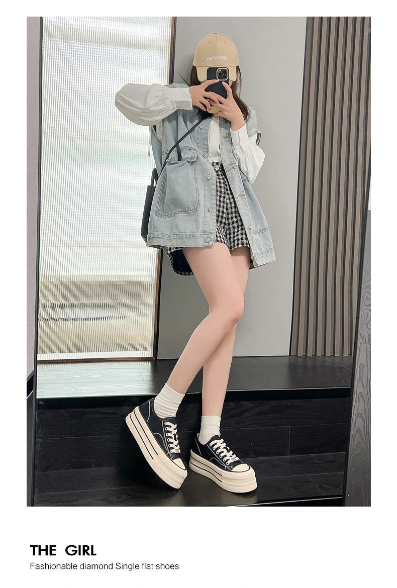 Women Canvas Shoes Black White Platform Sneakers