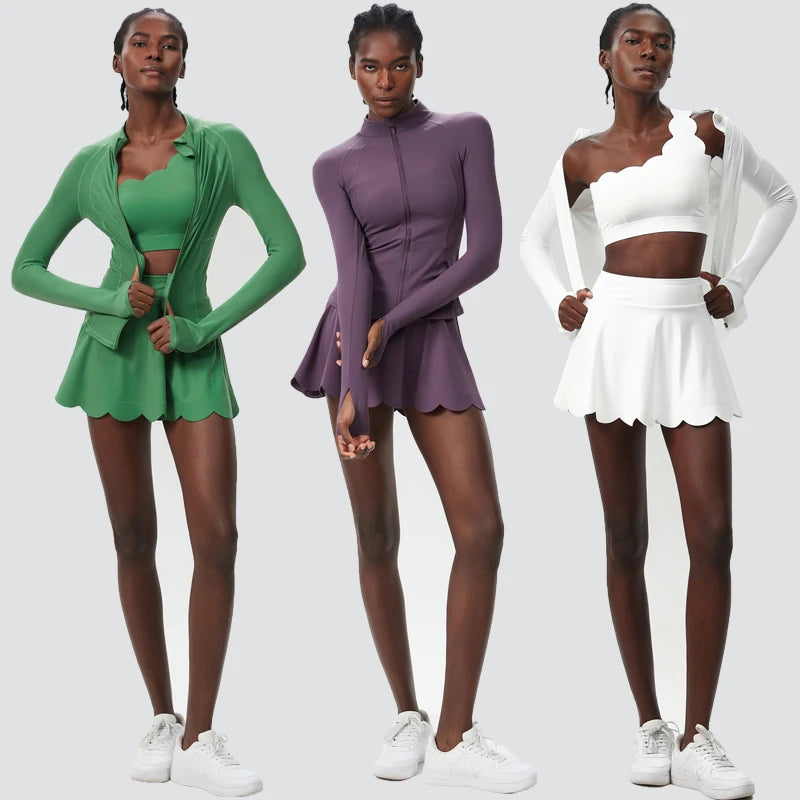 طقم تنورة تنس لياقة بدنية للنساء مكون من 3 قطع