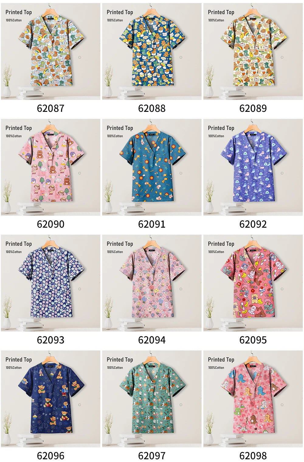 Collection of colorful printed tops for pediatric nursing uniforms, featuring fun designs and V-necks in various patterns.