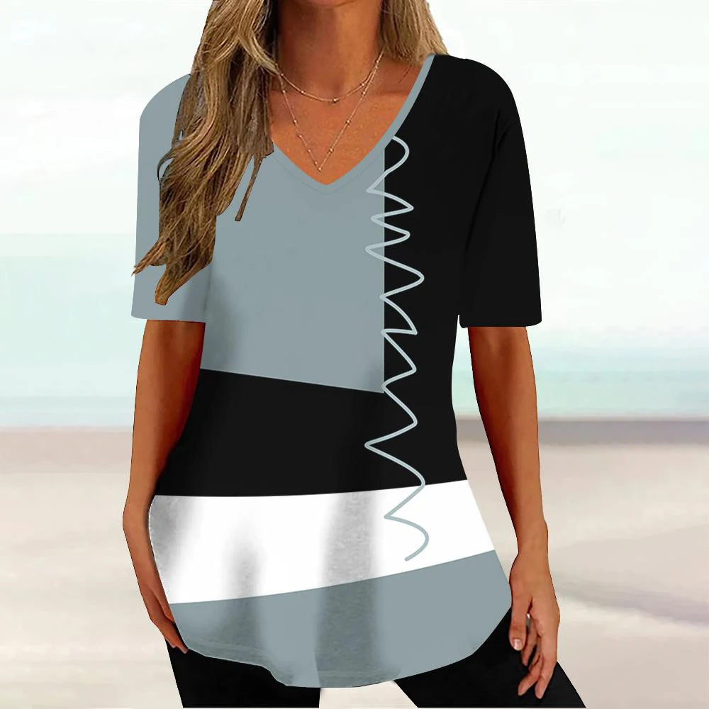 Women 3D Print V-Neck Tee