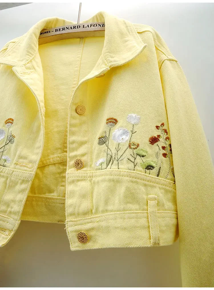 Floral Embroidery Denim Crop Jacket for Women