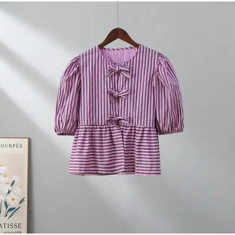 BowChic™ Stripe Lace-Up Blouse, short sleeve, vintage style with bows in purple and white stripes for women.