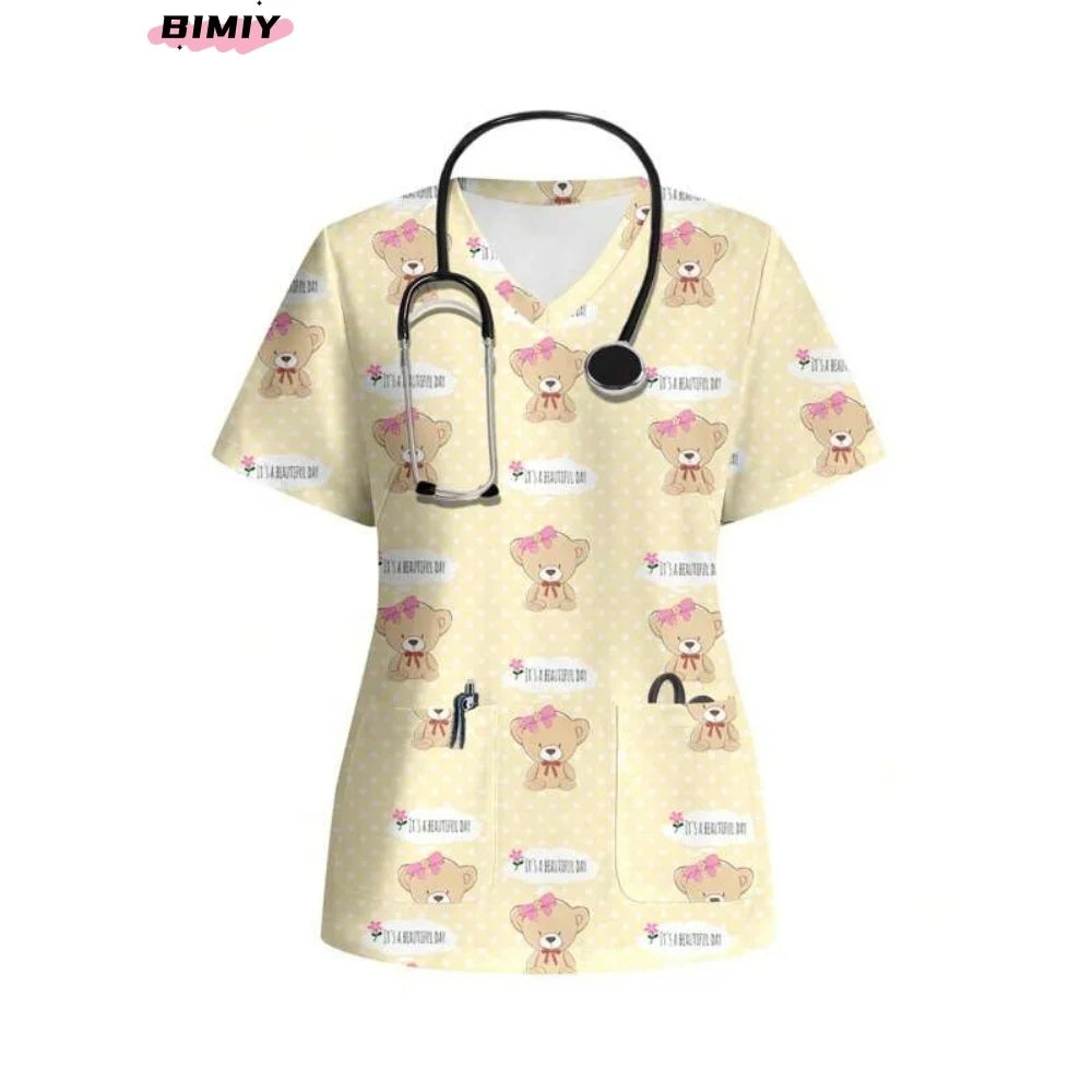 Colorful nursing scrubs with bear print, V-neck design, featuring pockets and a stethoscope, perfect for women healthcare professionals.