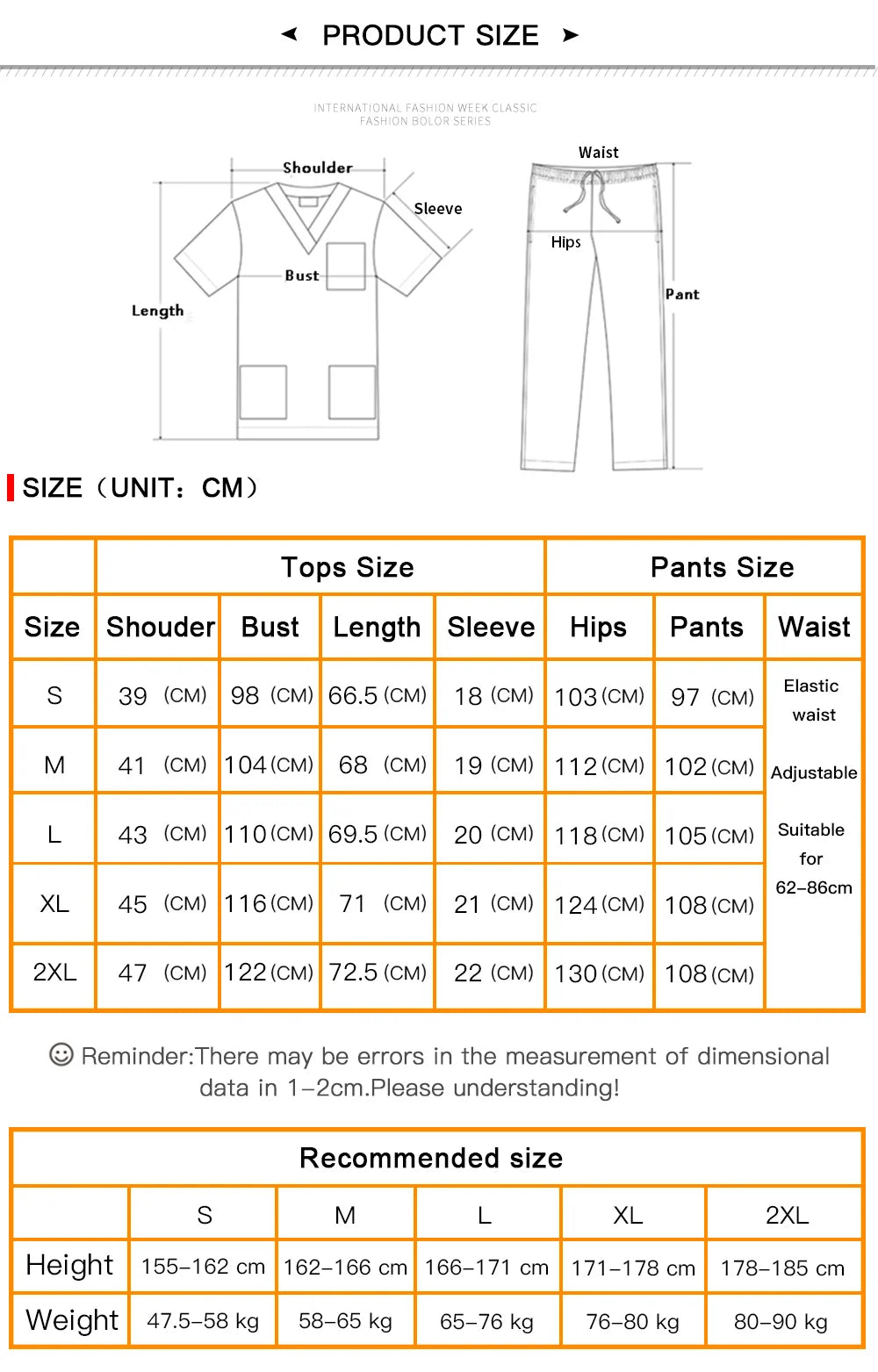 Size chart for 7-Color Nursing Work Uniform, showing measurements for tops and pants in cm.