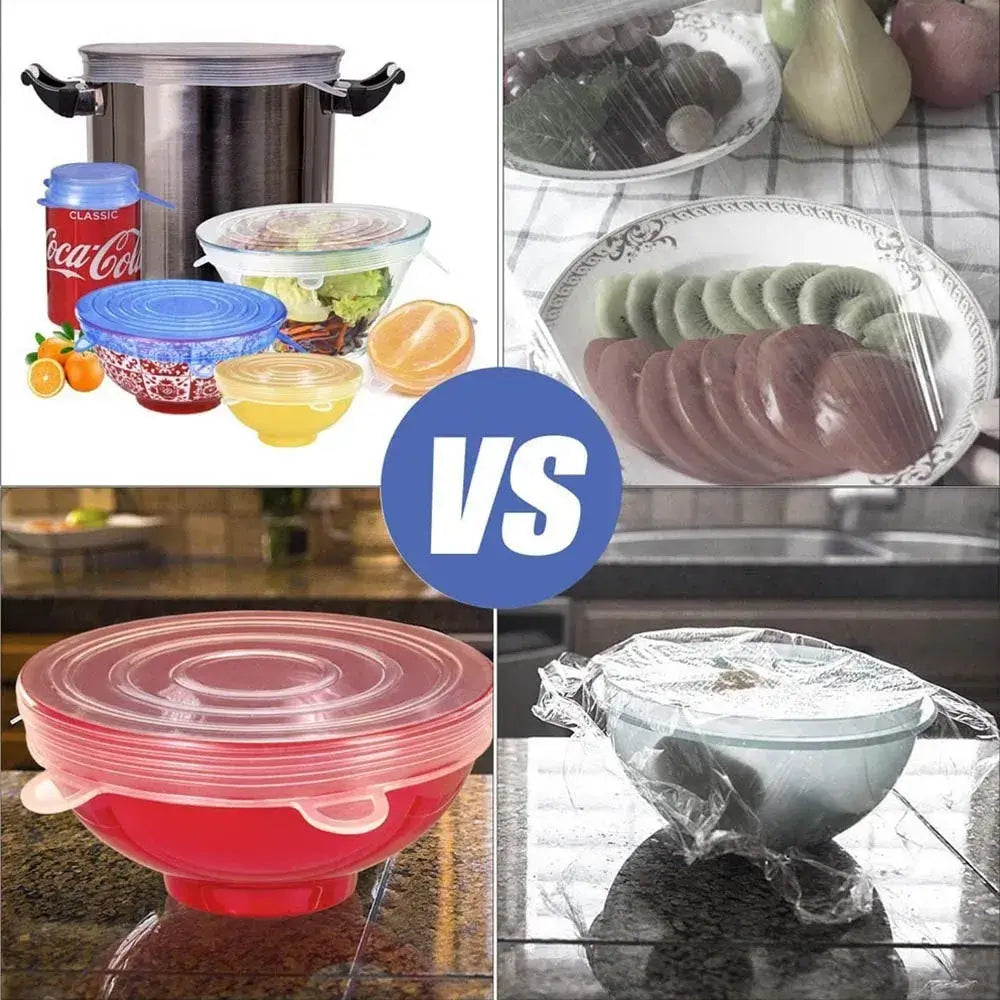 Comparison of silicone stretch lids versus traditional plastic wrap for kitchen food storage.