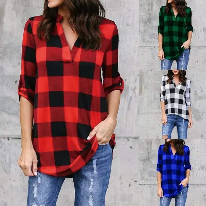 PlaidVibe™ V-Neck Summer T-Shirt in red, green, black, and blue check patterns, lightweight women's casual top.