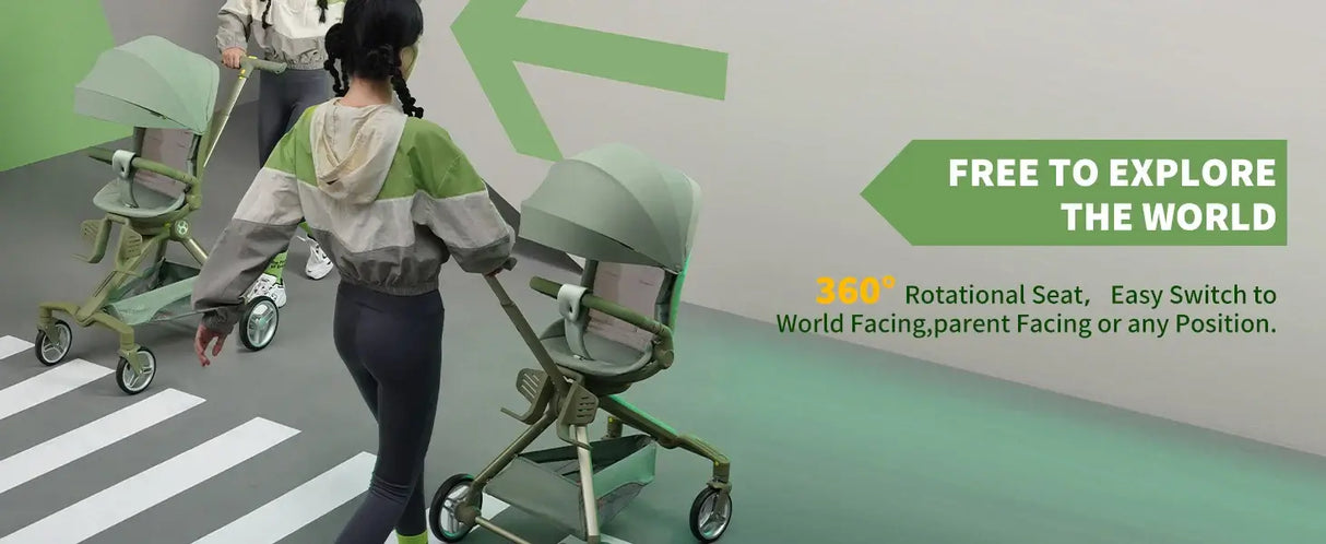 A parent pushing the Baby Travel Stroller Mini ELF 2, showcasing its 360° rotational seat for versatile seating positions.
