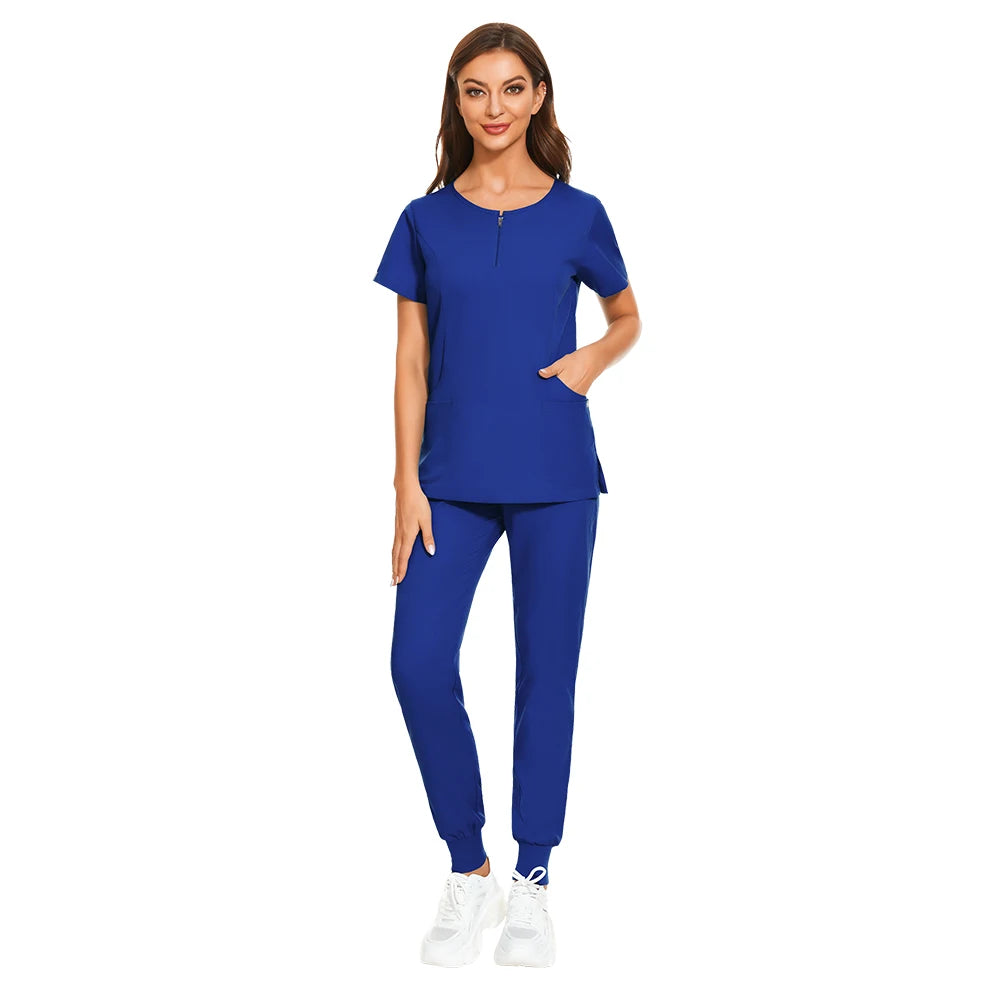 7-color nursing work uniform in blue with zipper v-neck top and matching pants, suitable for various professional settings.