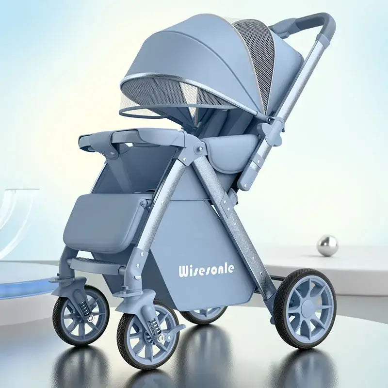 Lightweight baby stroller in blue with foldable design and PU foam wheels for easy maneuverability.