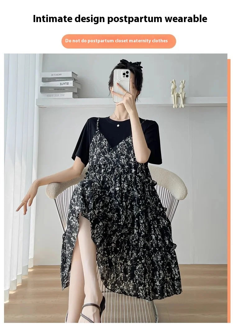 Postpartum wear with intimate design, featuring a black floral maternity dress for comfort and style.