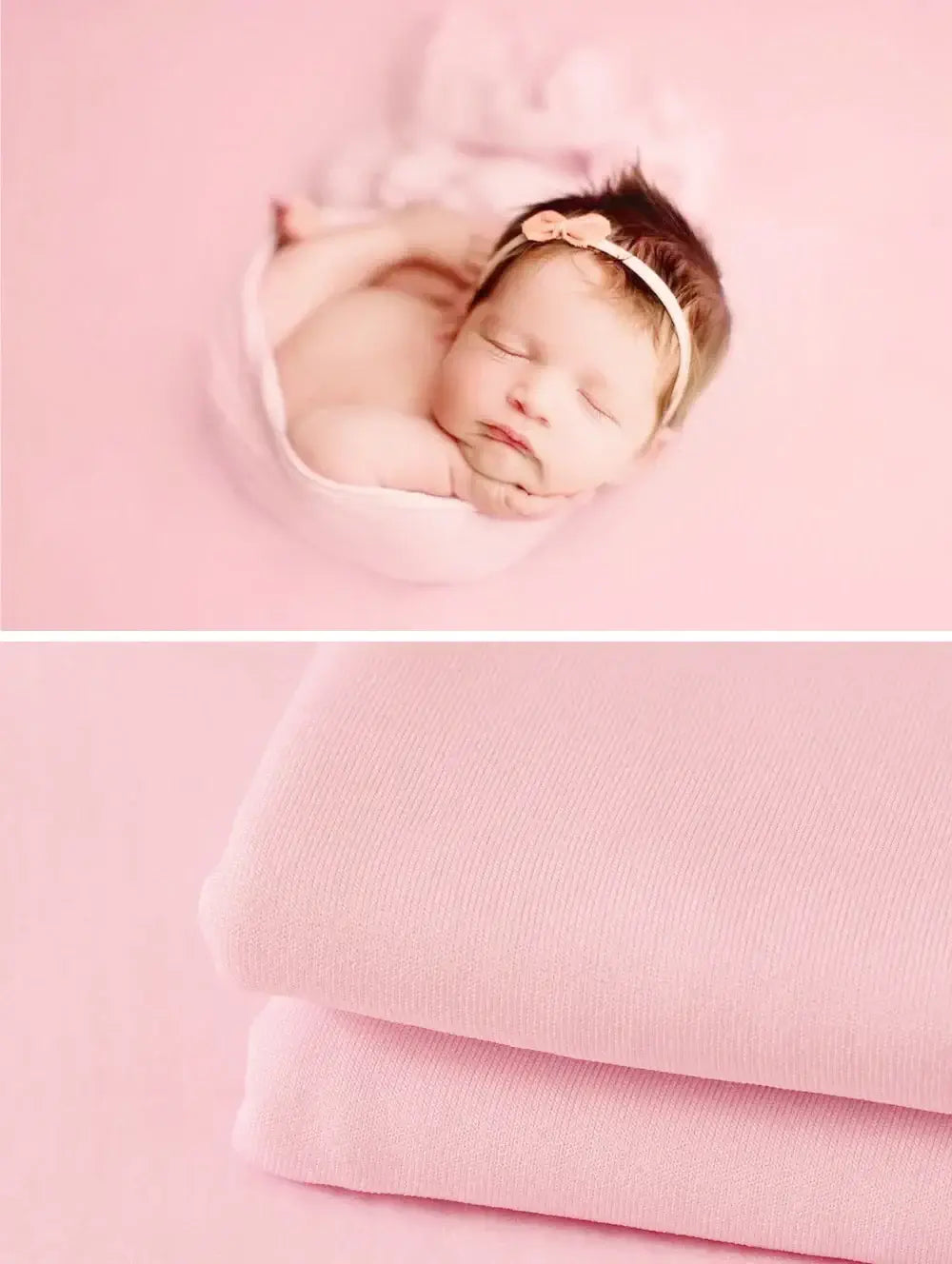 Newborn soft wrap blanket in pastel pink, perfect for baby photography and cozy cuddles, featuring a sleepy baby and soft fabric.