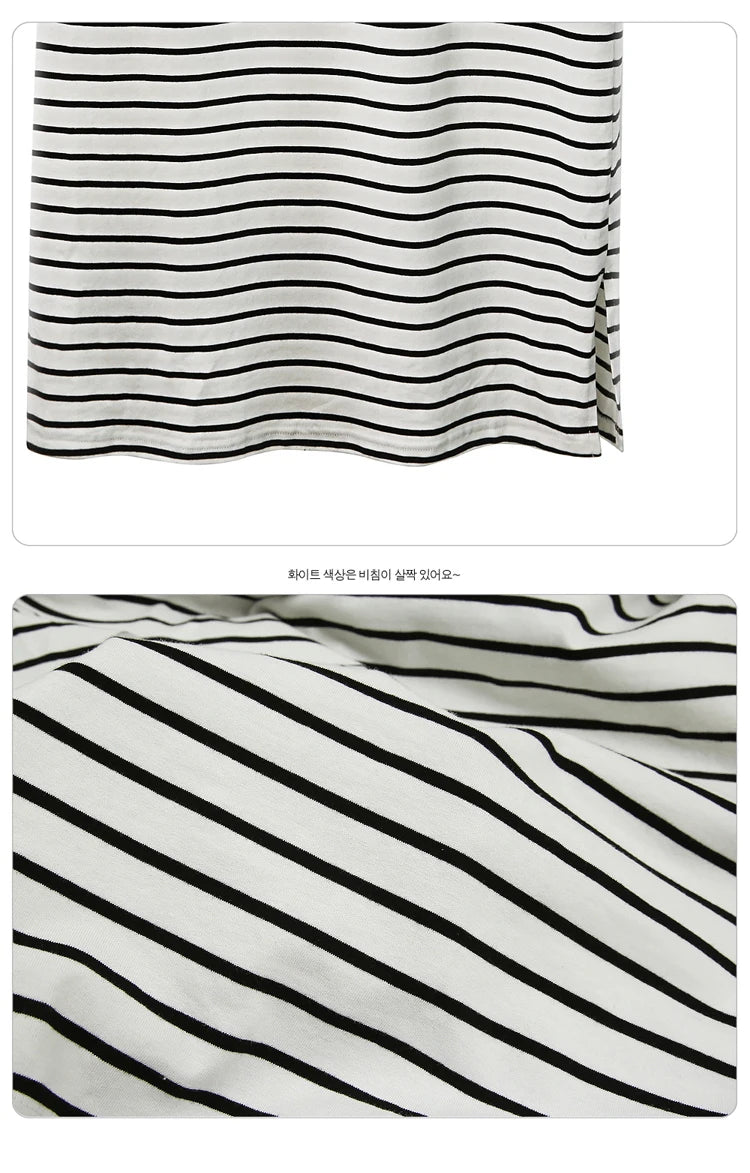 Close-up of striped fabric showcasing black and white stripes from a maternity dress.