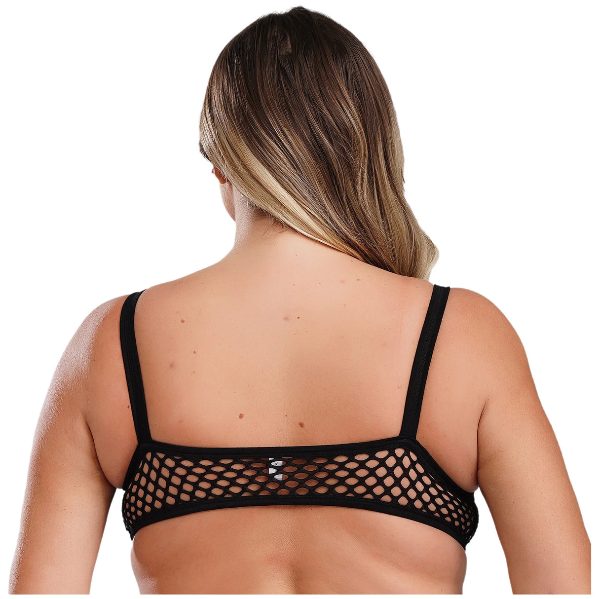 Back view of a plus size woman wearing a sheer fishnet camisole with spaghetti straps.