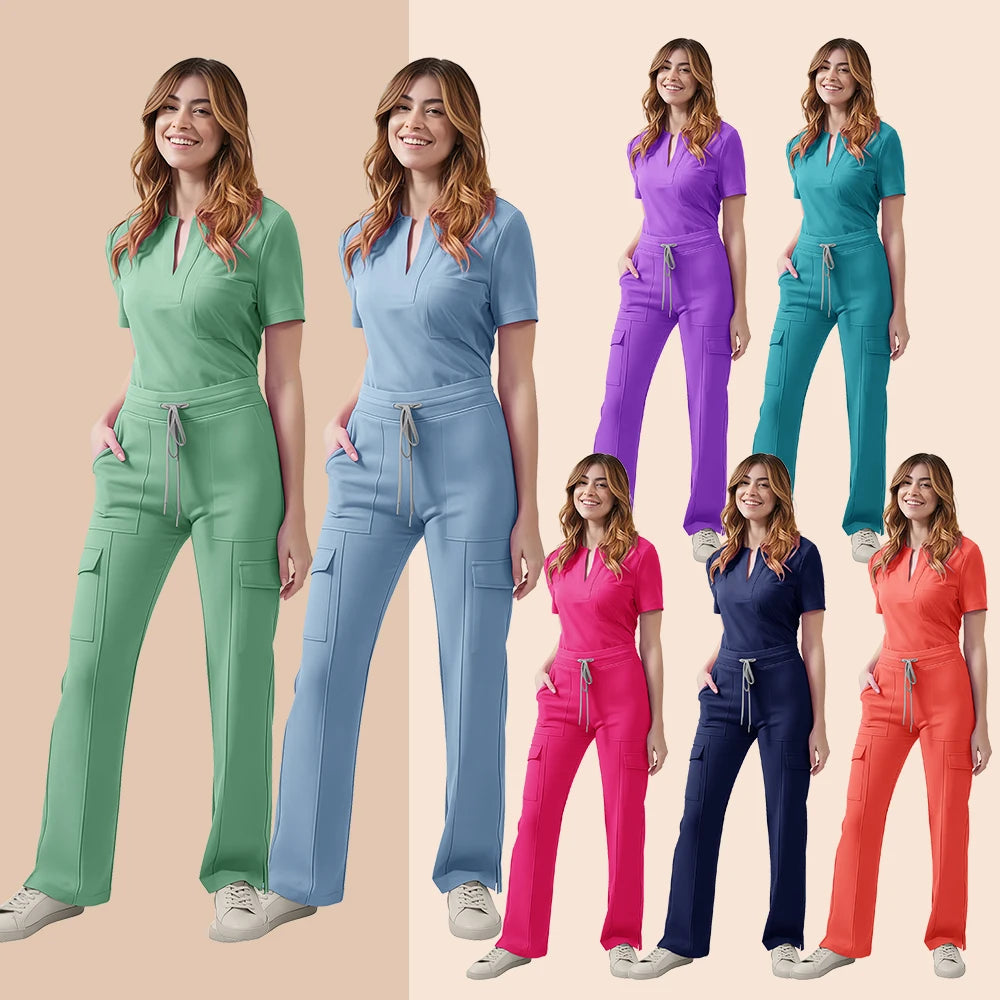 Women’s medical scrub set display in various colors including green, blue, pink, and purple, featuring pocket tops and pants.