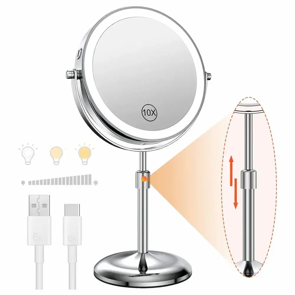 8 inch makeup mirror with light, 10x magnification, adjustable height, USB charging, dual face design, Beauty Star brand