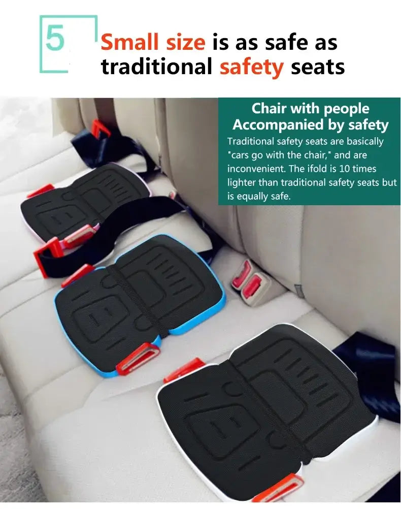 Ifold Portable Baby Car Seat installed in a car seat, showcasing its compact design for safety and convenience.