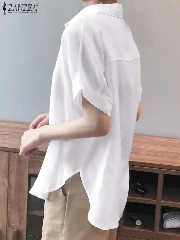 ZanzeaEase™ oversized summer blouse in white, featuring a relaxed fit and turn-down collar.