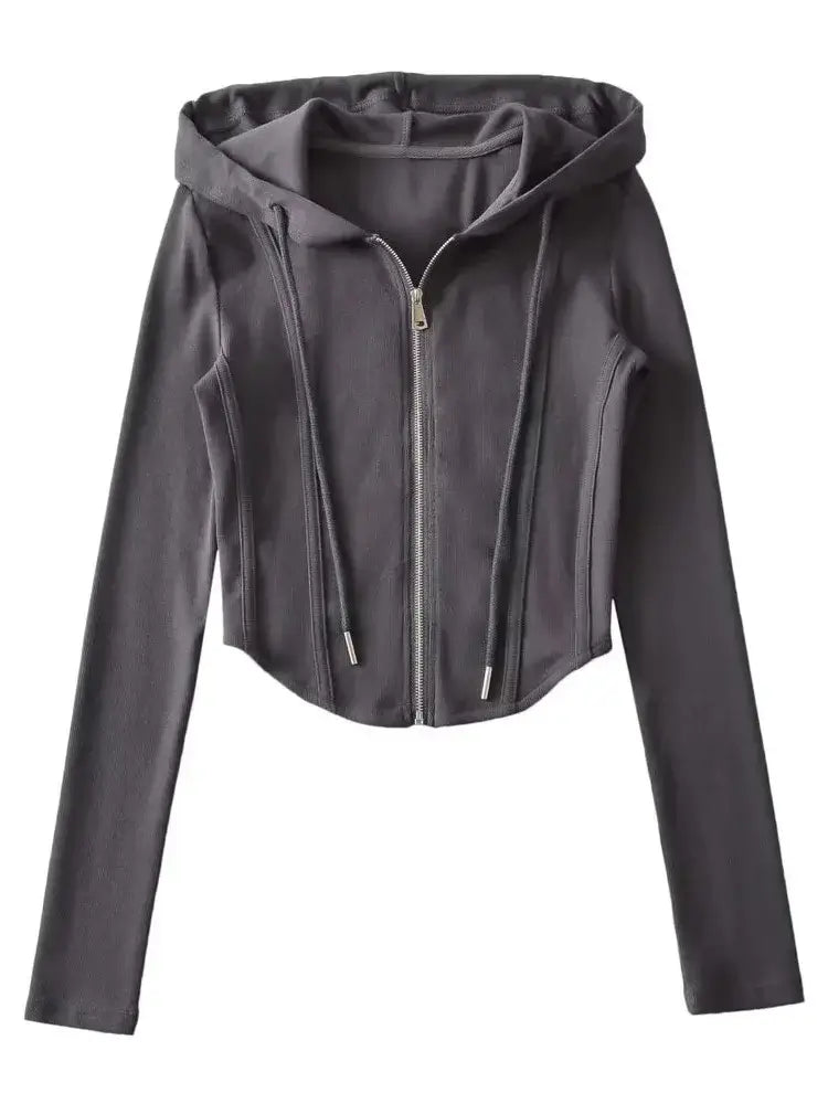 Women Cropped Zip Hoodie Y2K Corset Hem Sweatshirt