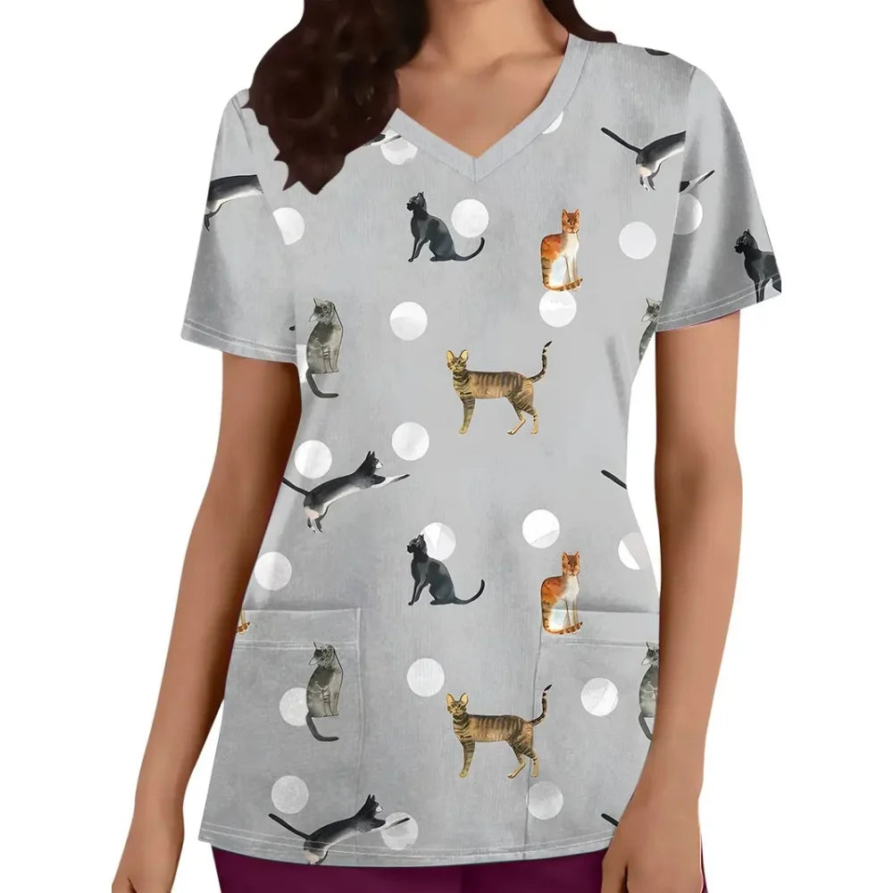 Cartoon cat print short sleeve nurse uniform scrub top for women with pockets.