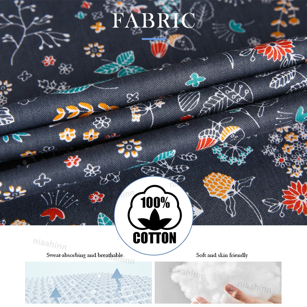Close-up of 100% cotton fabric showcasing breathable and sweat-absorbing qualities, featuring colorful floral print.