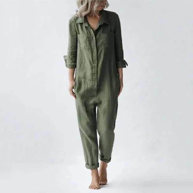 LinoSoft™ – Cotton Linen Long Sleeve Button Jumpsuit (Earthy, Relaxed & Breezy)