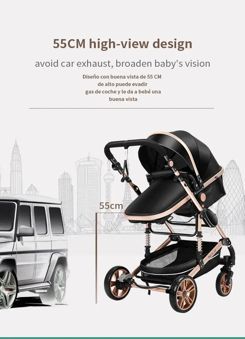 High-view baby stroller design at 55CM to avoid car exhaust and enhance baby's visibility and comfort.