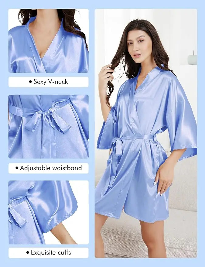 Model showcasing a 7-piece satin bride robe set with sexy V-neck, adjustable waistband, and exquisite cuffs in blue.