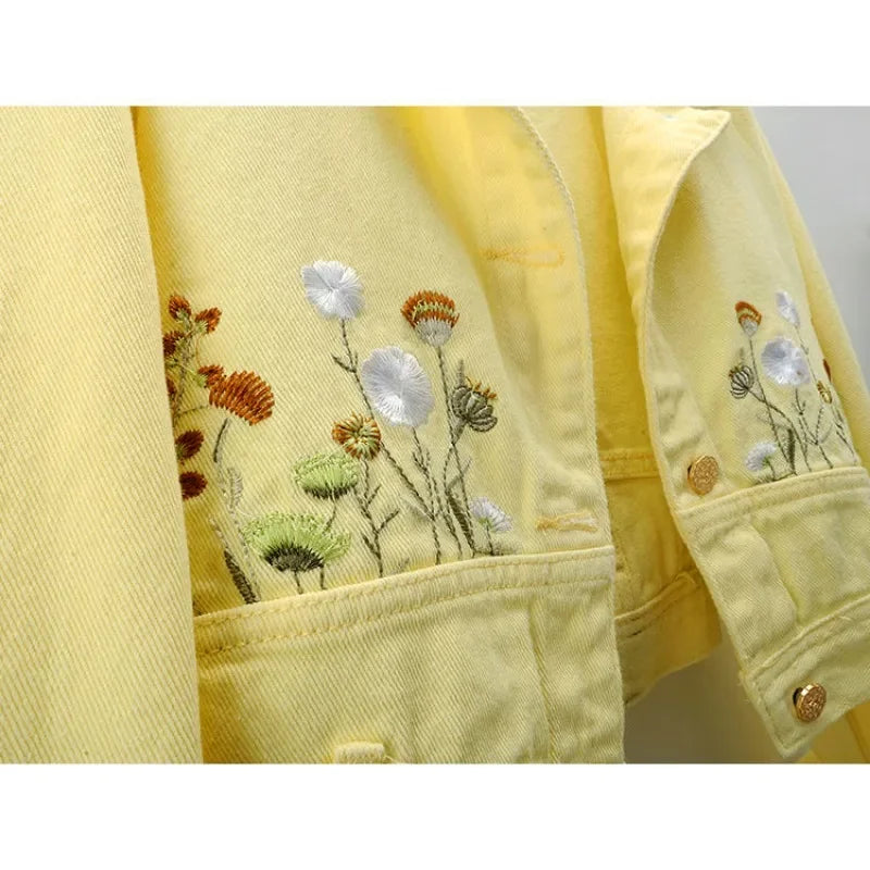 Floral Embroidery Denim Crop Jacket for Women