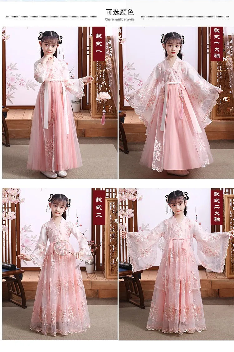 Modern Fairy Hanfu dress for girls, showcasing intricate design and soft pink fabric in a charming cosplay style.