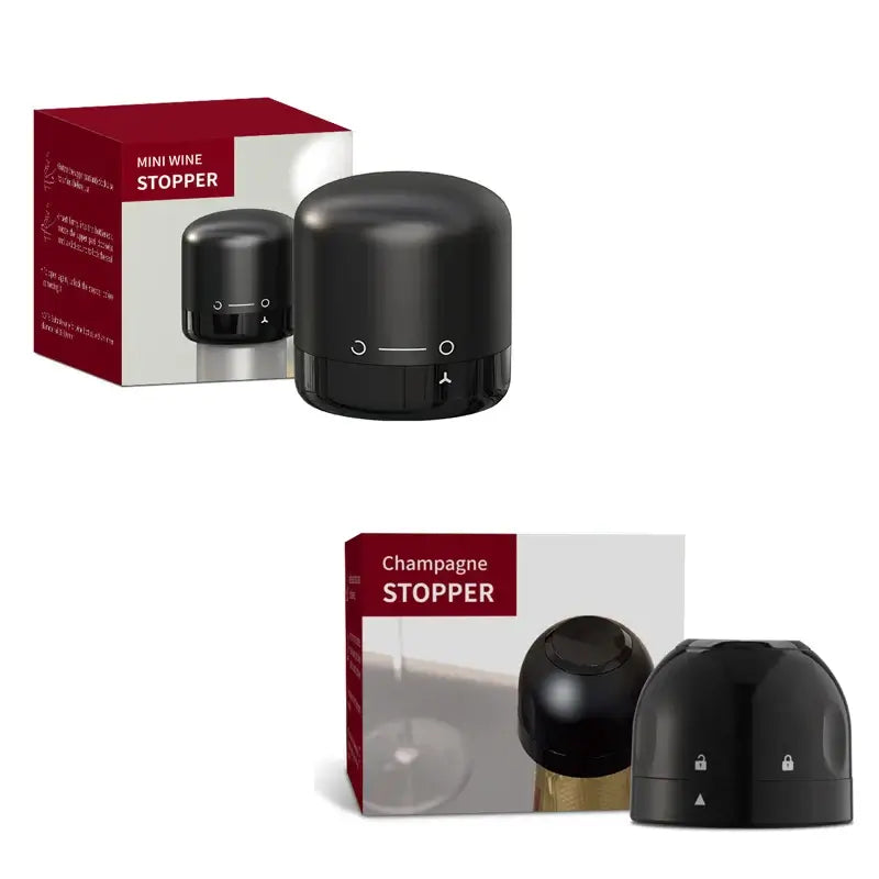 Mini wine and champagne stopper set in packaging, featuring a sleek black design for preserving beverages.