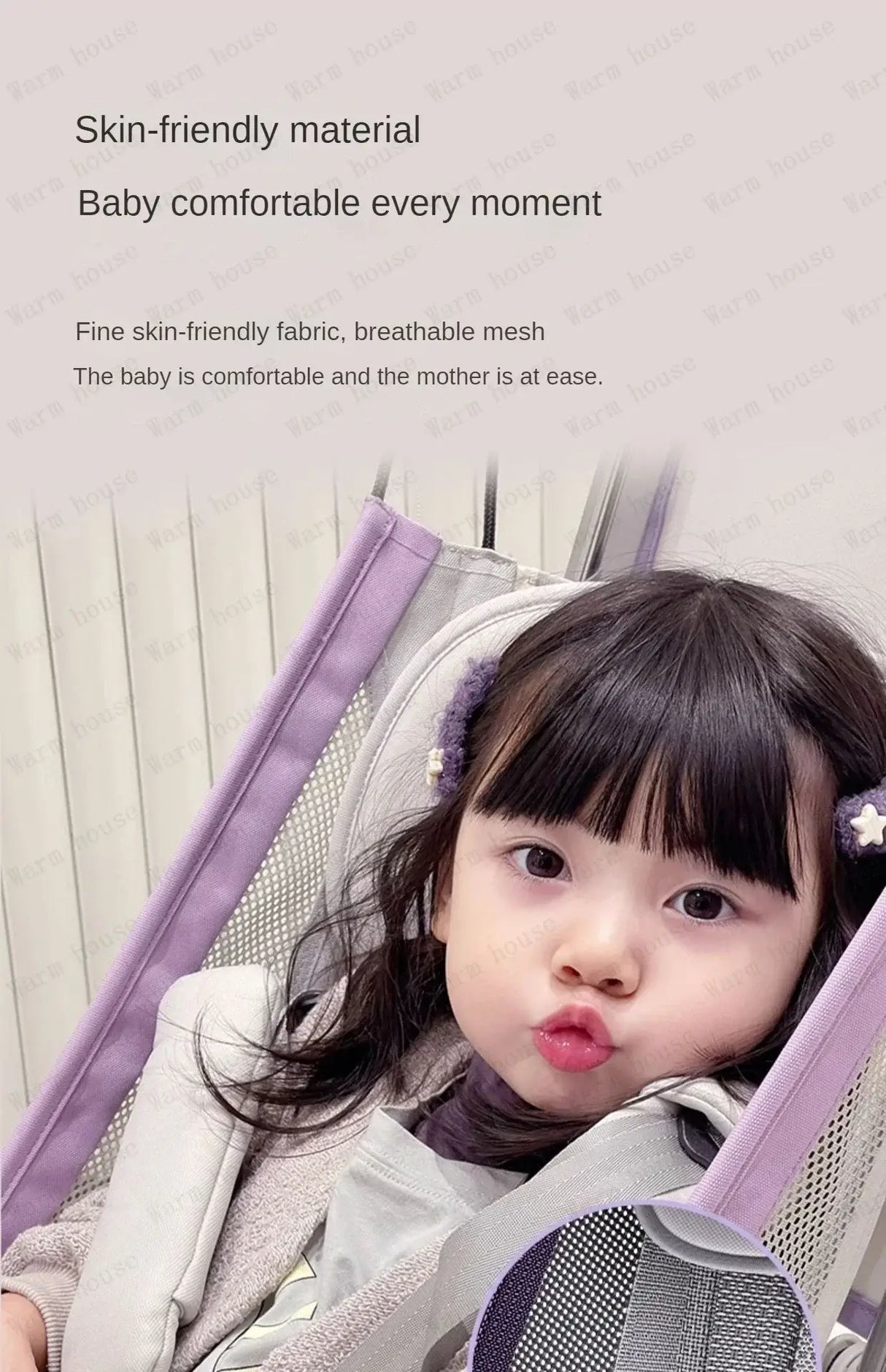 Child smiling in a skin-friendly baby seat with breathable mesh for comfort.