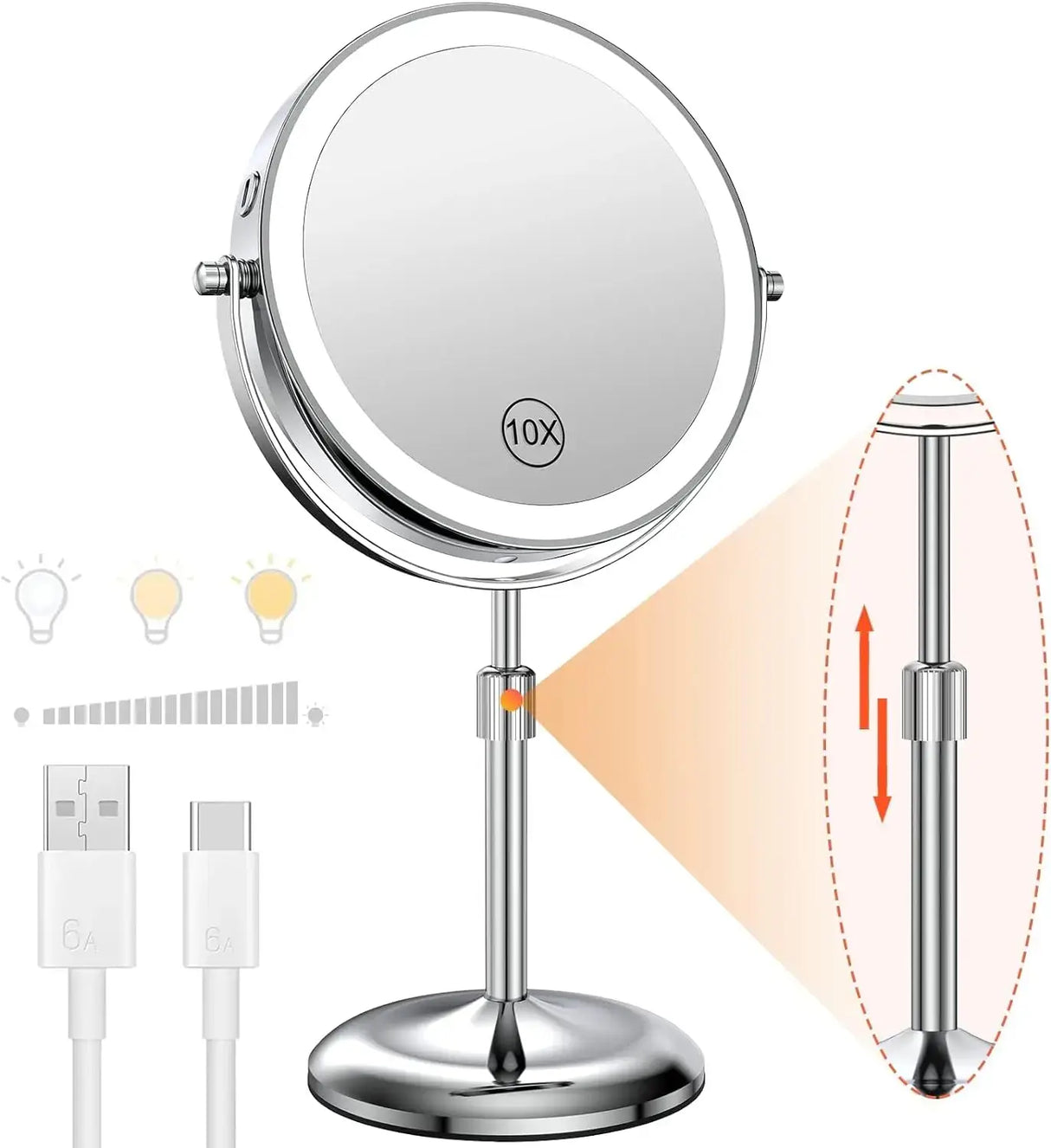 8 Inch makeup mirror with light and 10X magnification, adjustable stand, USB charging, silver finish, ideal for beauty enthusiasts.