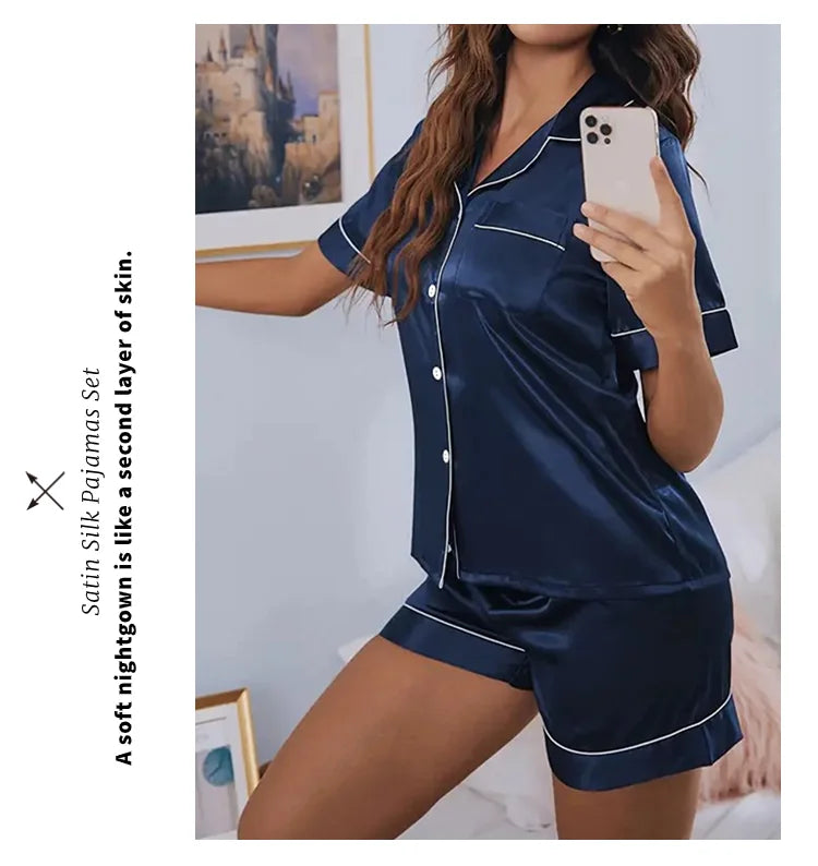 Women Satin Button Down Pajama Set