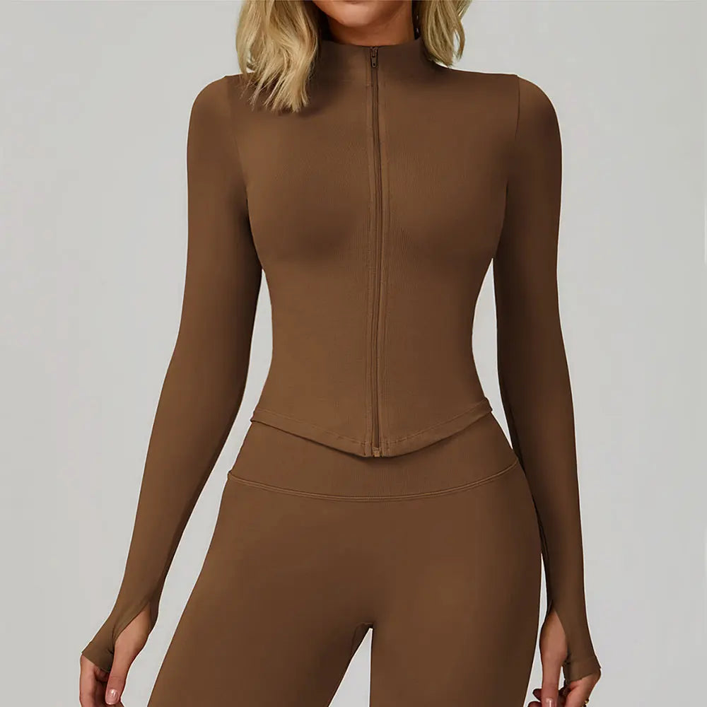 Ribbed Women's Yoga Jacket – Long Sleeve Standing Collar Fitness Top