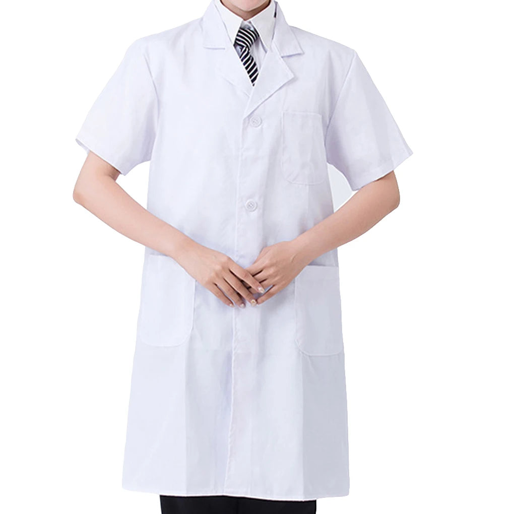 Short sleeve laboratory work coat, unisex design, suitable for medical and beauty salon use.