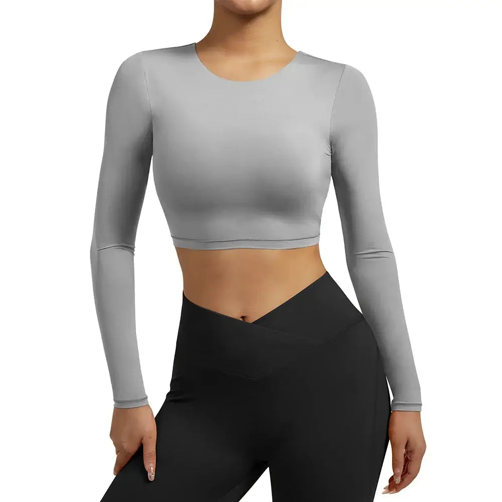 بلوزة يوغا نسائية مفتوحة الظهر بأكمام طويلة