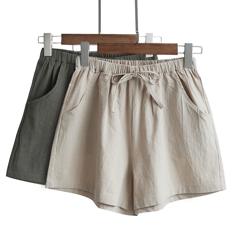 Women Cotton Linen High Waist Shorts