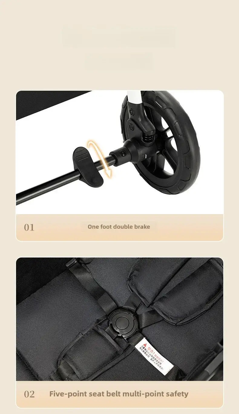 Lightweight baby stroller close-up showing one foot double brake and five-point seat belt for safety.