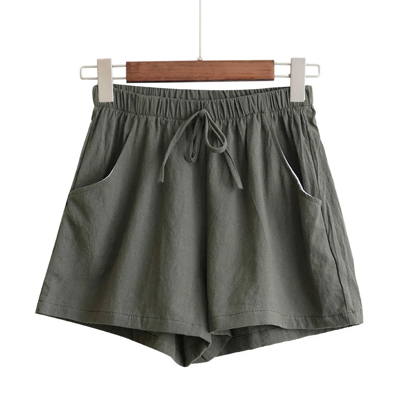 Women Cotton Linen High Waist Shorts