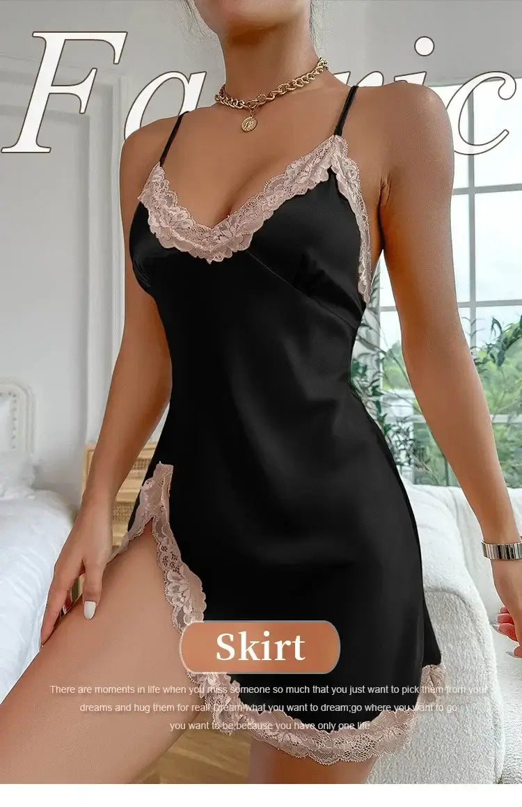 قميص نوم نسائي من الساتان والدانتيل بفتحة عميقة على شكل حرف V بدون ظهر