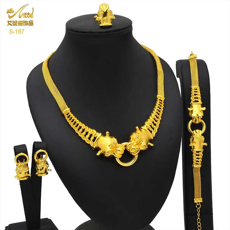 Luxury gold necklace set with earrings and bracelet, ideal for weddings and special occasions, showcasing intricate design.